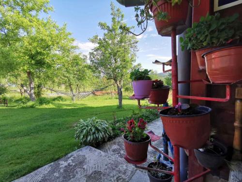 a patio with potted plants on the side of a house at Apartmani Beslic in Kremna