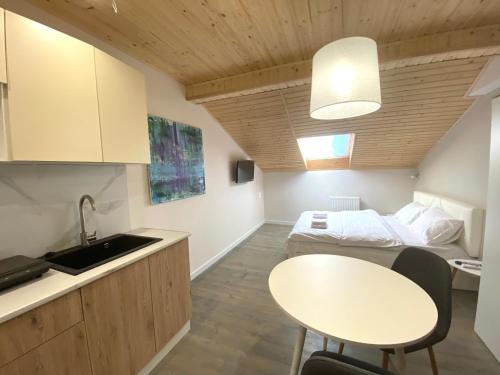 cocina y dormitorio con cama y mesa en Центр Львова вулиця Лесі Українки 19, en Leópolis