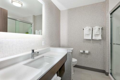 a white bathroom with a sink and a toilet at Holiday Inn Express & Suites - Grand Rapids Airport - South by IHG in Grand Rapids