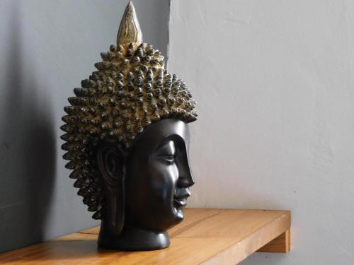 a black head statue sitting on a wooden shelf at Zyan Rooms in Villahermosa