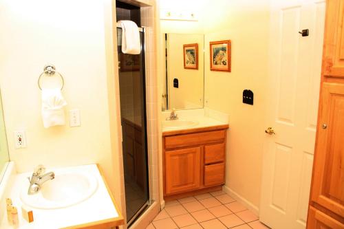 a bathroom with a sink and a shower at Pinecreek #I - 4 BR - Private Hot Tub - Close to Town - Shuttle to Slopes in Breckenridge