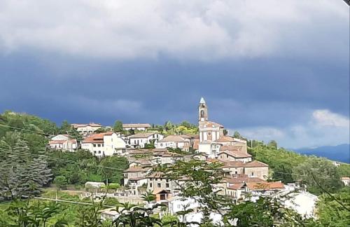 un pueblo en la cima de una colina con una iglesia en Il Giardino di Mai Exclusive B&b, en Montabone