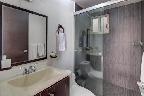 ein Bad mit einem Waschbecken, einer Dusche und einem WC in der Unterkunft Alfredo de Musset 354 in Mexiko-Stadt