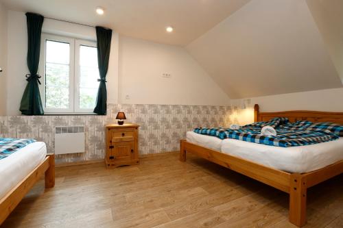 a bedroom with two beds and a window at Apartmány pod Mariánskými schody in Albrechtice v Jizerských horách