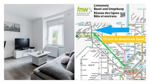 a living room with a map of the subway at MyHome Basel 1A44 in Saint-Louis