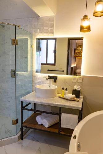 a bathroom with a sink and a glass shower at Agata Hotel Boutique & Spa in Mexico City