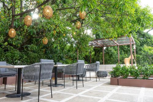 a table and chairs in a garden with trees at Agata Hotel Boutique & Spa in Mexico City