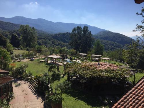 a view of a garden with mountains in the background at Agriturismo Il Balcone sulla Valle in Bedero Valcuvia