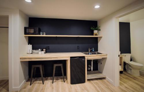 a kitchen with a counter with a sink and a toilet at Outdoors Inn in Sandpoint