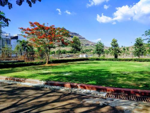 a field of grass with a tree and a mountain at Dew Drops Boutique Retreat in Igatpuri