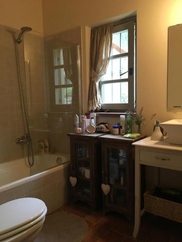 a bathroom with a tub and a toilet and a sink at CASA DELLA LUCE private pool in Bagnone