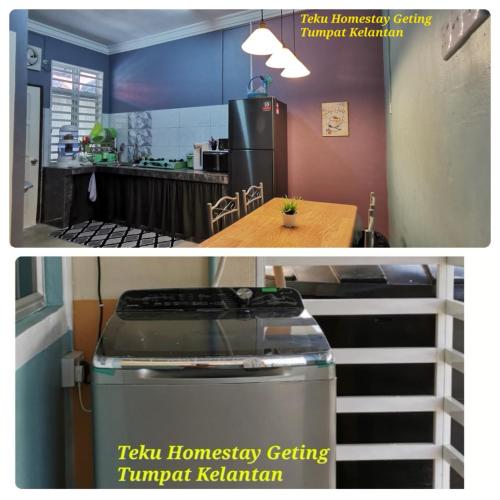 two pictures of a kitchen with a stove in a room at Teku Homestay Geting Tumpat Kelantan in Kampong Geting