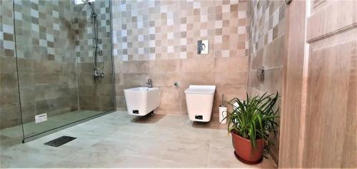 a bathroom with a shower and a toilet and a sink at VILLA MARIA PETRA in Wadi Musa
