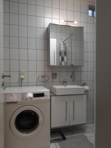 a bathroom with a washing machine and a sink at Ferienwohnung Haus Gards in Marpingen