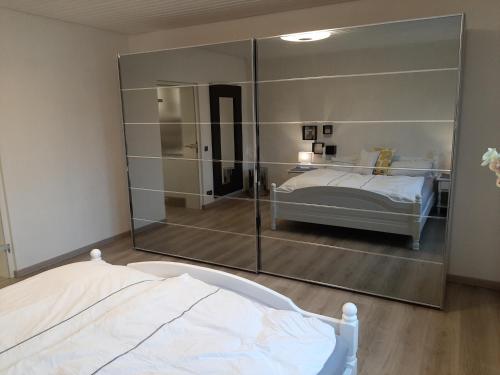 a bedroom with a bed and a large mirror at Ferienwohnung Haus Gards in Marpingen