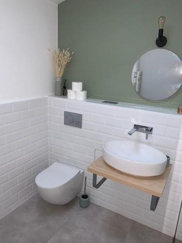 une salle de bain avec un lavabo, des toilettes et un miroir dans l'établissement Logement rénové et moderne au Sacré Coeur Cholet, à Cholet