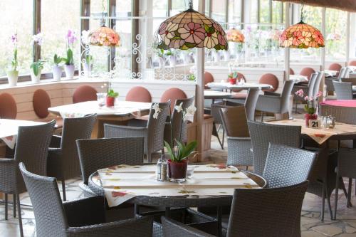 un restaurante con mesas, sillas y ventanas en Hotel Heidenauer Hof, en Heidenau