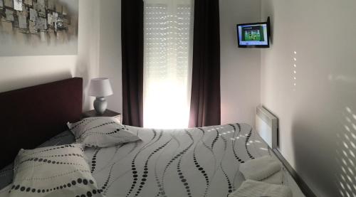 a bedroom with a bed and a window with a television at LE PONT NEUF 61 in Alençon