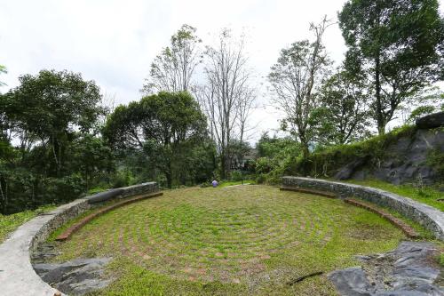 a large grassy area with trees and a path at Vythiri Mist Resort in Vythiri