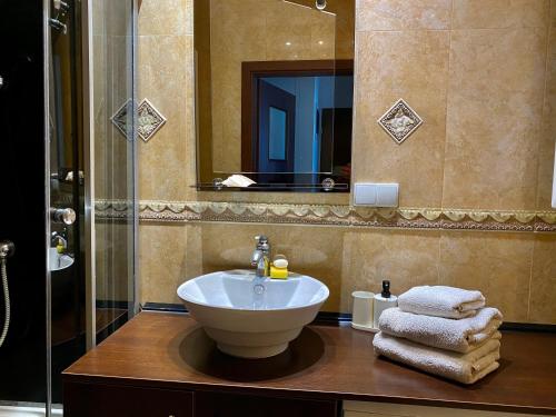 a bathroom with a sink and a mirror at Apartament Rymanowska in Rzeszów