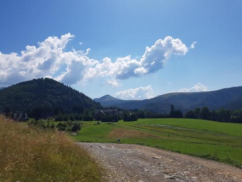 a dirt road in a field with mountains in the background at Donovaly Alonia in Donovaly
