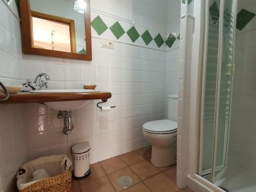 Un baño con inodoro, lavabo y ducha. en La Aldaba del siglo XX, en Alcañizo