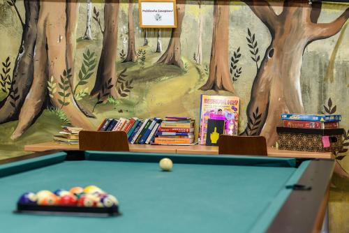 a billiard table with books at Apartmán Lenka in Veľký Meder