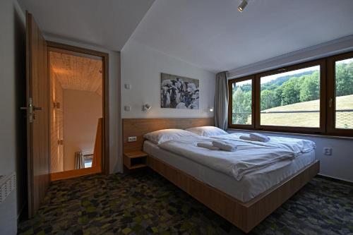 a bedroom with a bed and a large window at Apartmány Chata Večernice in Dolní Morava