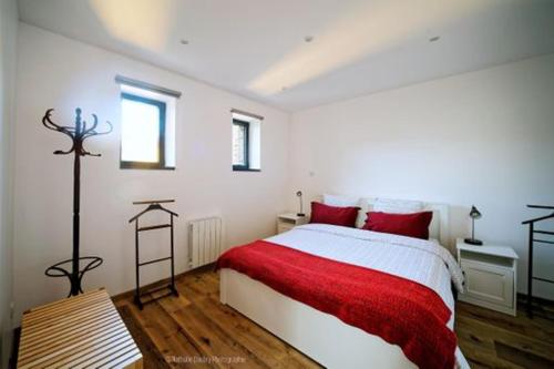 Saint-Didier-en-Velay的住宿－gîte Les Marronniers，一间卧室配有一张带红色毯子的大床