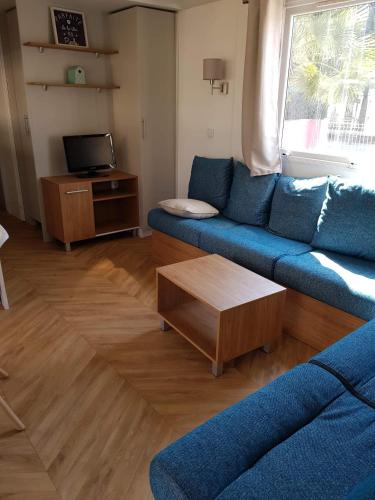 un salon avec un canapé bleu et une table basse dans l'établissement Mobilhome la carabasse, à Vias