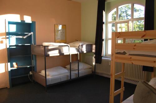 Oberzent-Hostelstyle nur für aktive Touristen في Beerfelden: غرفة بها ثلاثة أسرة بطابقين ونافذة