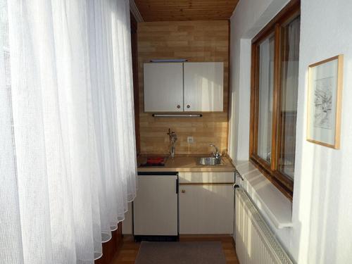 eine kleine Küche mit einem Waschbecken und einem Fenster in der Unterkunft Gästehaus Math in Oberstdorf