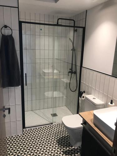 a bathroom with a shower with a toilet and a sink at Chez Chloe in Murillo de Gállego