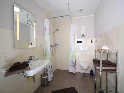 a bathroom with a sink and a shower and a toilet at Hubertushof Eifel in Schönbach