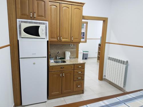 W kuchni znajduje się biała lodówka i kuchenka mikrofalowa. w obiekcie Albergue Albas exclusivo Peregrinos w mieście Logroño