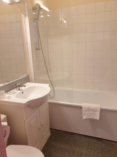 ein Badezimmer mit einem Waschbecken, einer Badewanne und einem WC in der Unterkunft Hôtel Hermance in Bellegarde-sur-Valserine