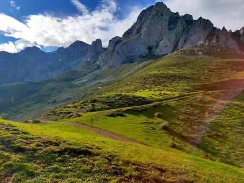 a grassy hill with mountains in the background at Casa Rural el Enebral en Potes Picos de Euopa in Colio