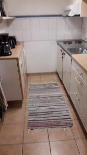 a kitchen with a sink and a rug on the floor at Granviks Bed & Breakfast in Björklinge