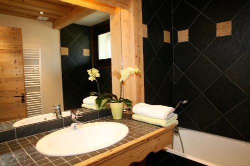 uma casa de banho com um lavatório e um espelho em Cordée Côté Sud em Morzine