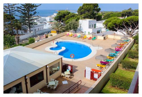 una vista aérea de una piscina con sillas y sombrillas en Apartamentos Inma Mayor en primera línea de playa, con Parking y Piscina, en Los Caños de Meca