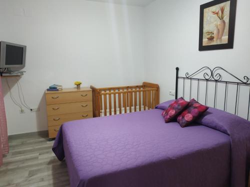 a bedroom with a purple bed and a dresser at Apartamento Granada Monachil in Monachil