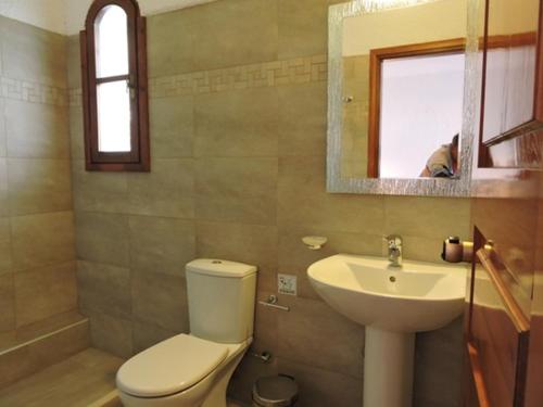 a bathroom with a toilet and a sink and a mirror at Thamiris Apartments in Kalyves