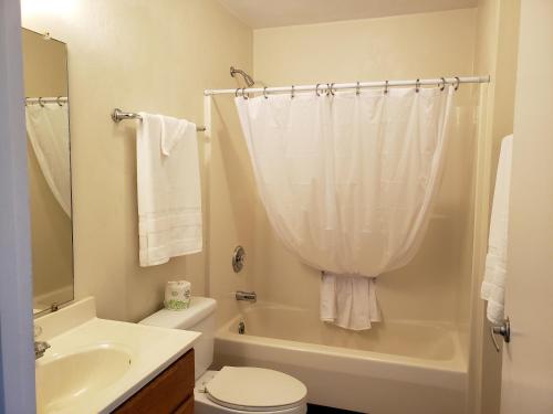 Affordable Suites Graham في Graham: حمام مع مرحاض وحوض استحمام ومغسلة