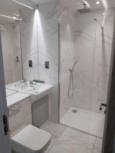 a bathroom with a shower and a sink and a toilet at Dean Park Hotel in Kirkcaldy
