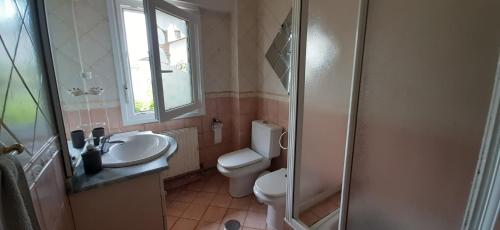 ein Bad mit einem WC, einem Waschbecken und einem Fenster in der Unterkunft O Arrequento in Oleiros