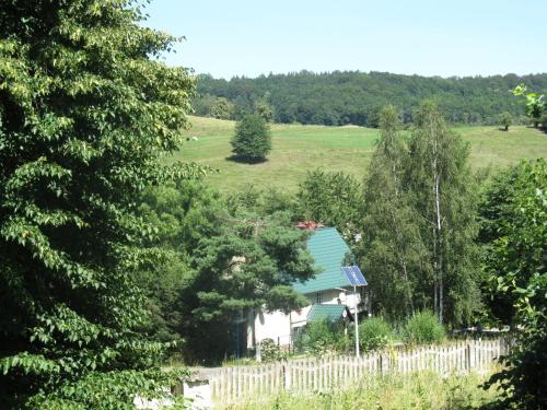 a house with a green roof in a field at Chata za Górami in Zagórze Śląskie