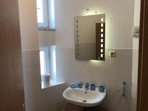 a white bathroom with a sink and a mirror at Ruhige Wohnung bei der Burg im OG2 in Kröllwitz
