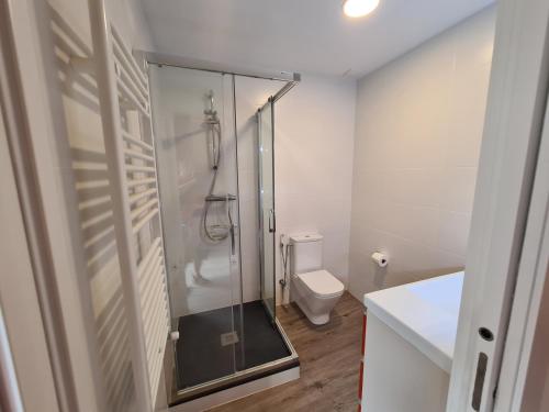 a bathroom with a shower and a toilet at Apartaments Vicus 3 con vistas a la Plaza Mayor de Vic in Vic