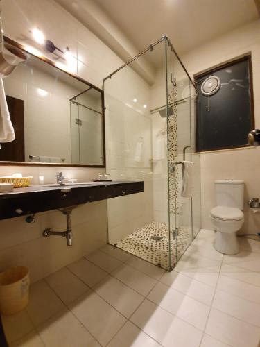 a bathroom with a shower and a sink and a toilet at S Chalet Islamabad in Islamabad