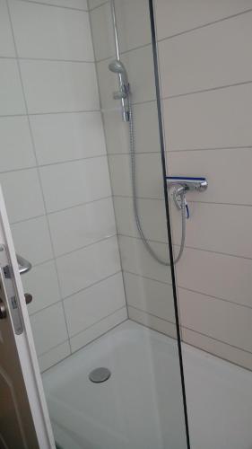 een badkamer met een douche en een glazen deur bij Ferienwohnungen am Uferpark Blaser in Friedrichshafen